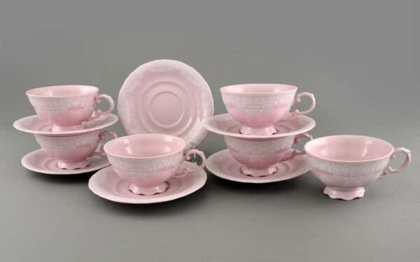 Набор чайных пар 200 мл розовый фарфор Соната Белый узор Леандер 3001 russki dom