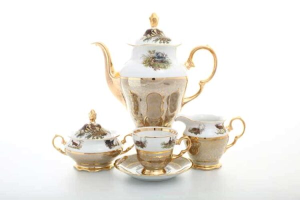 Охота Бежевая Кофейный сервиз на 6 персон 17 предметов Sterne porcelan russki dom