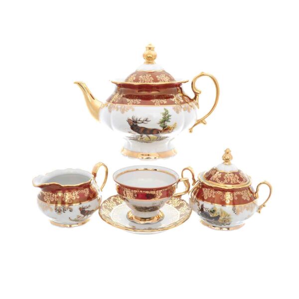 Чайный сервиз на 6 персон Queens Crown Aristokrat Охота красная 15 предметов russki dom