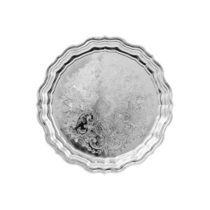 Поднос круглый с фигурным вырезом края с гравир. рисунком никел. Кольчугинский мельхиор russki dom