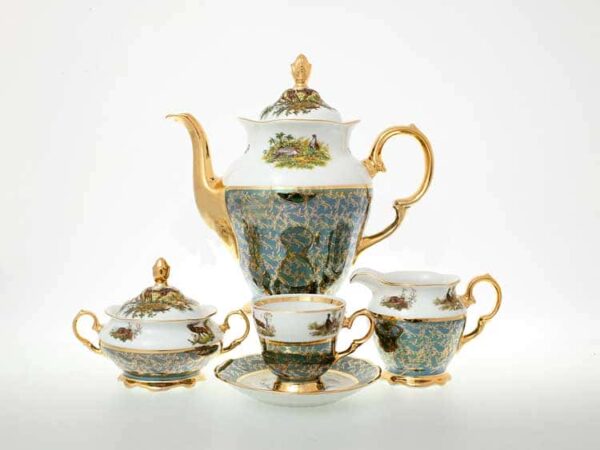 Охота Зеленая Кофейный сервиз на 6 персон 17 предметов Sterne porcelan russki dom