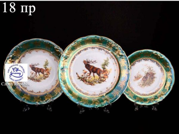 Зеленая охота Набор фарфоровых тарелок разного размера Jeremy 18 предметов russki dom